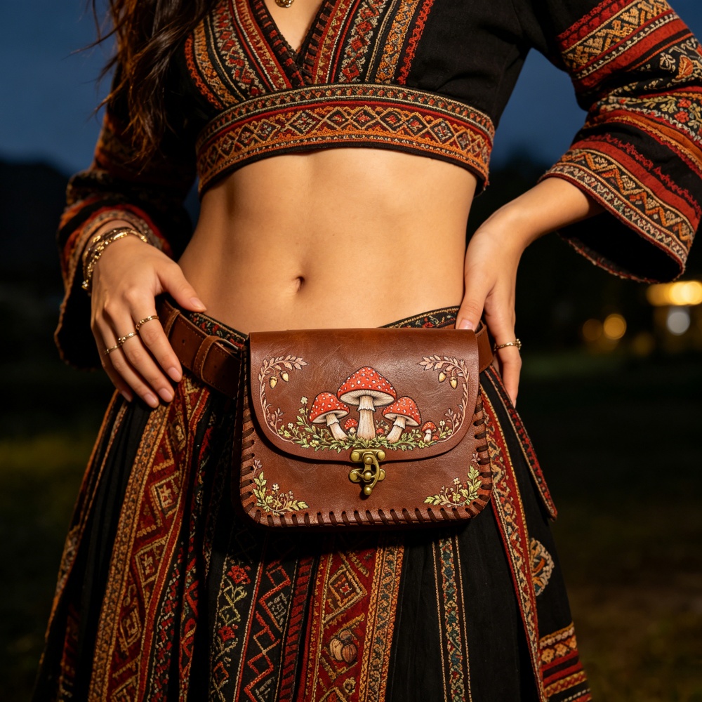 Belt Bag Leather Wide - 1ピース レッドマッシュルームプリント PUウエストバッグ 中世ルネッサンススタイル、ヴィンテージ風フェイクレザーフリップコインポーチ ワイドベルト付き、ミニ