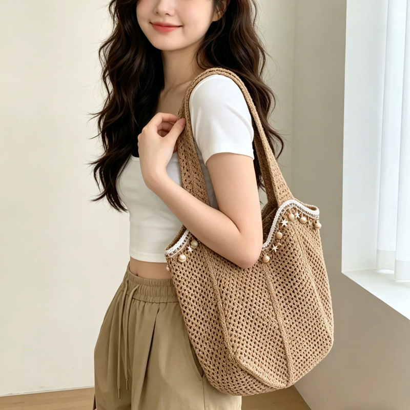 女性かぎ針編みトートバッグファッション中空ニットバッグ大容量 - Luxury Beach Bags Ysl のレビューと価格